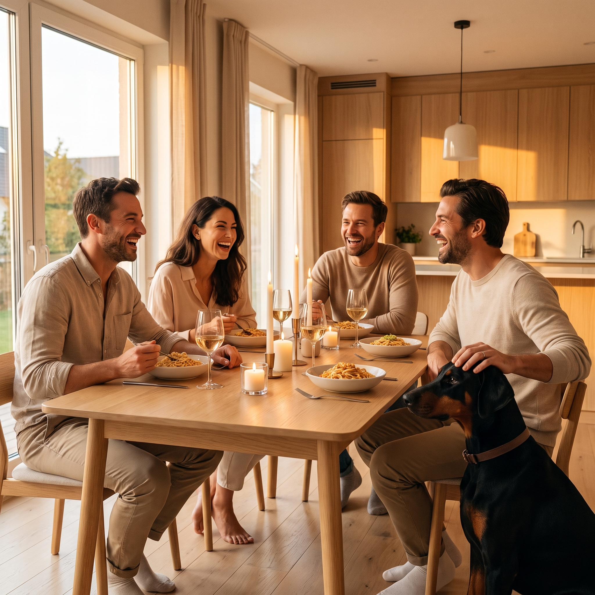 Friends at dinner with a Doberman