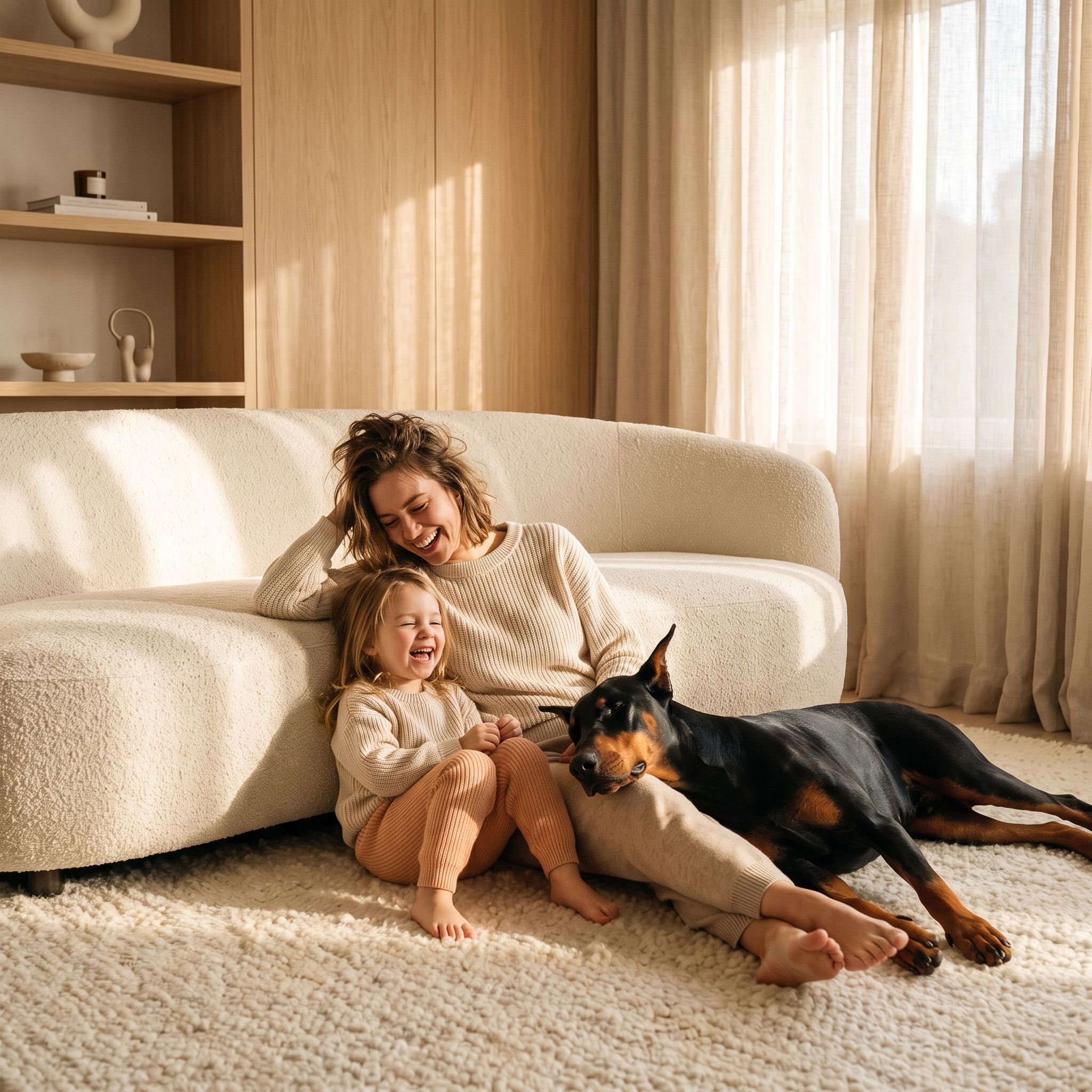 Mom, daughter and Doberman on a clean rug