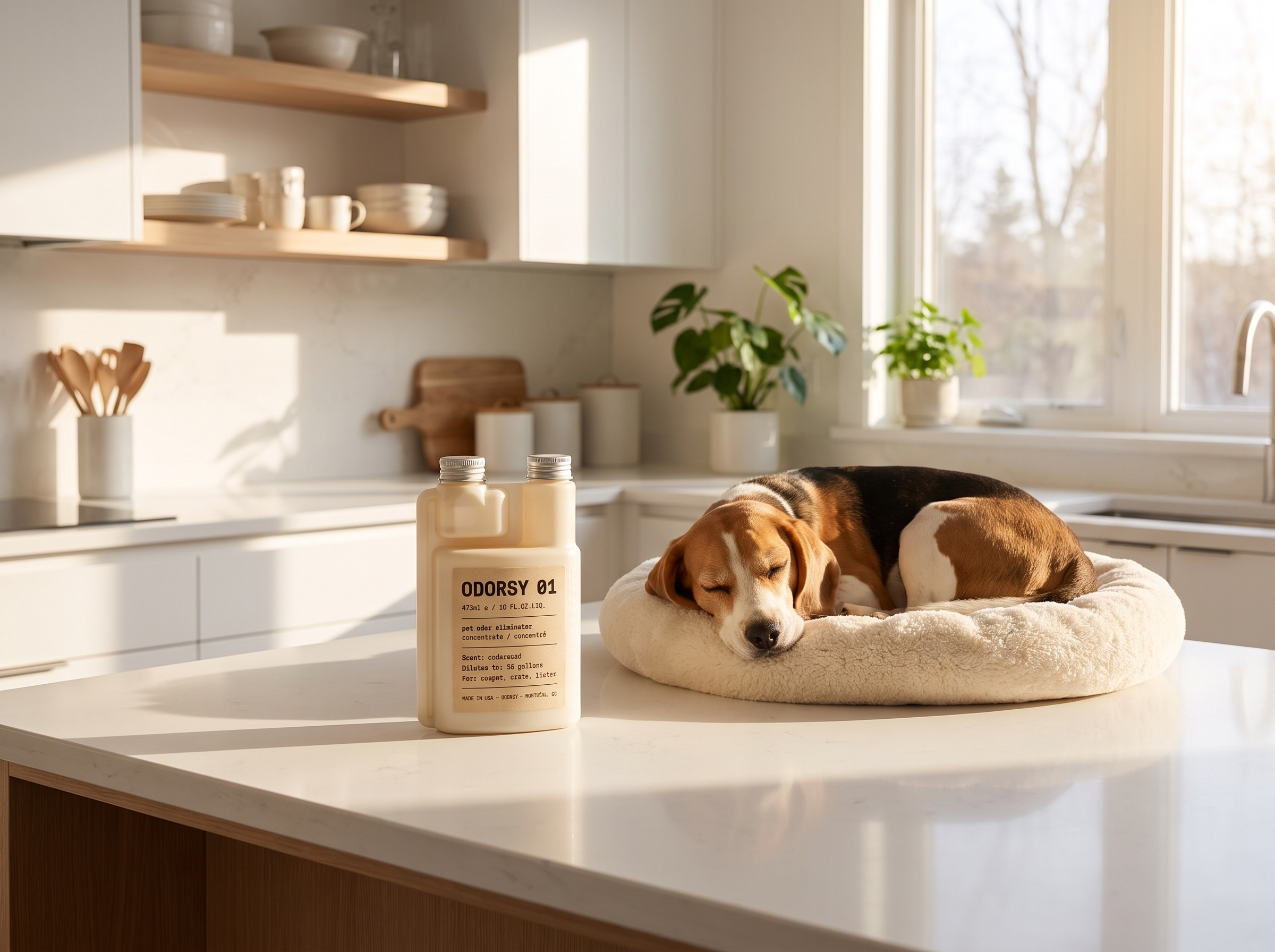 Odorsy bottle on a kitchen counter next to a sleeping beagle