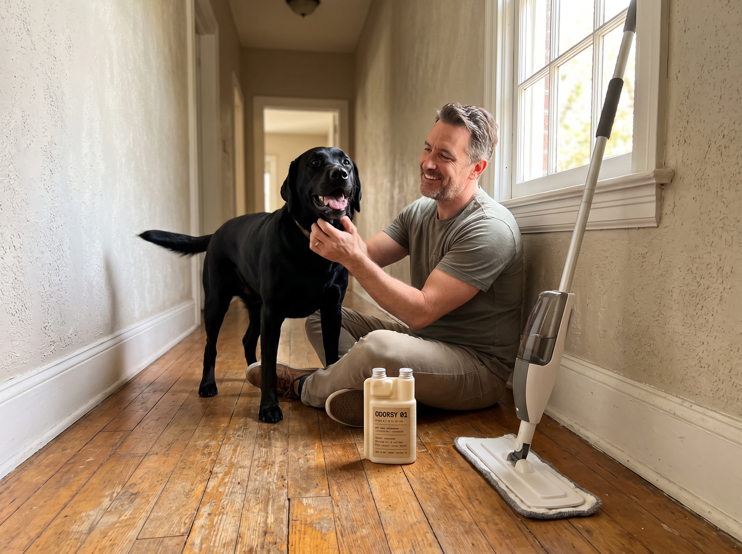 Man with his labrador in a freshly mopped hallway