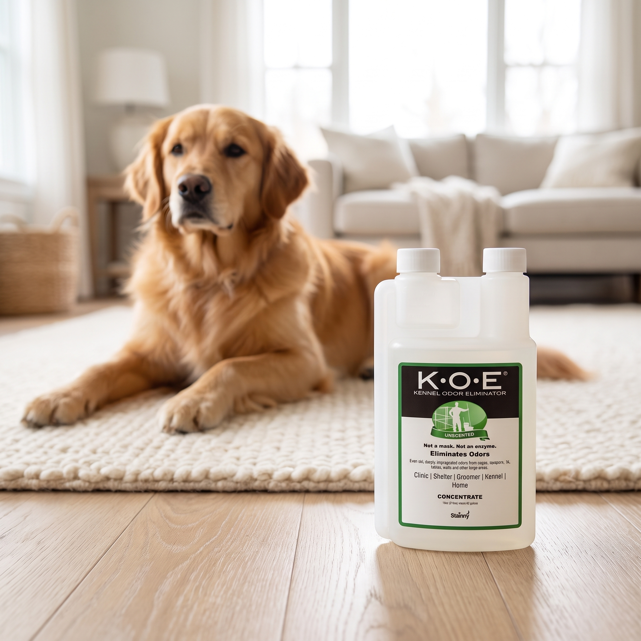 Golden retriever on a clean rug next to K.O.E.