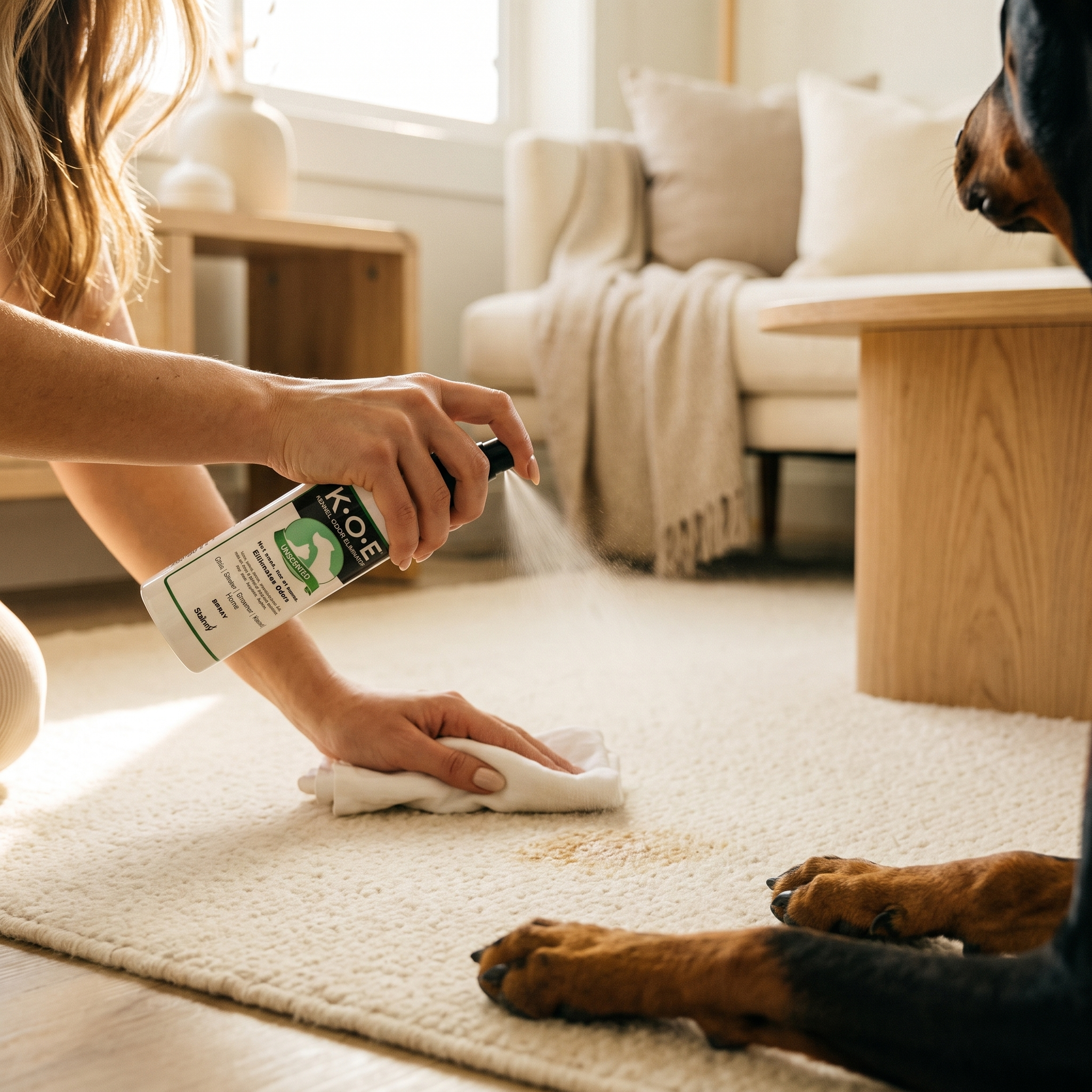 Spraying and blotting a pet stain on a rug