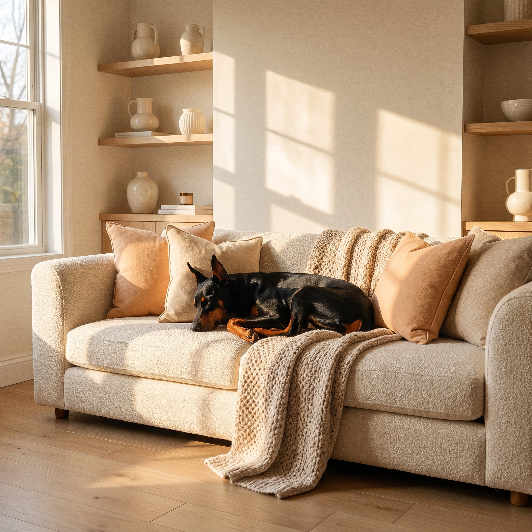 Doberman asleep on a clean sofa