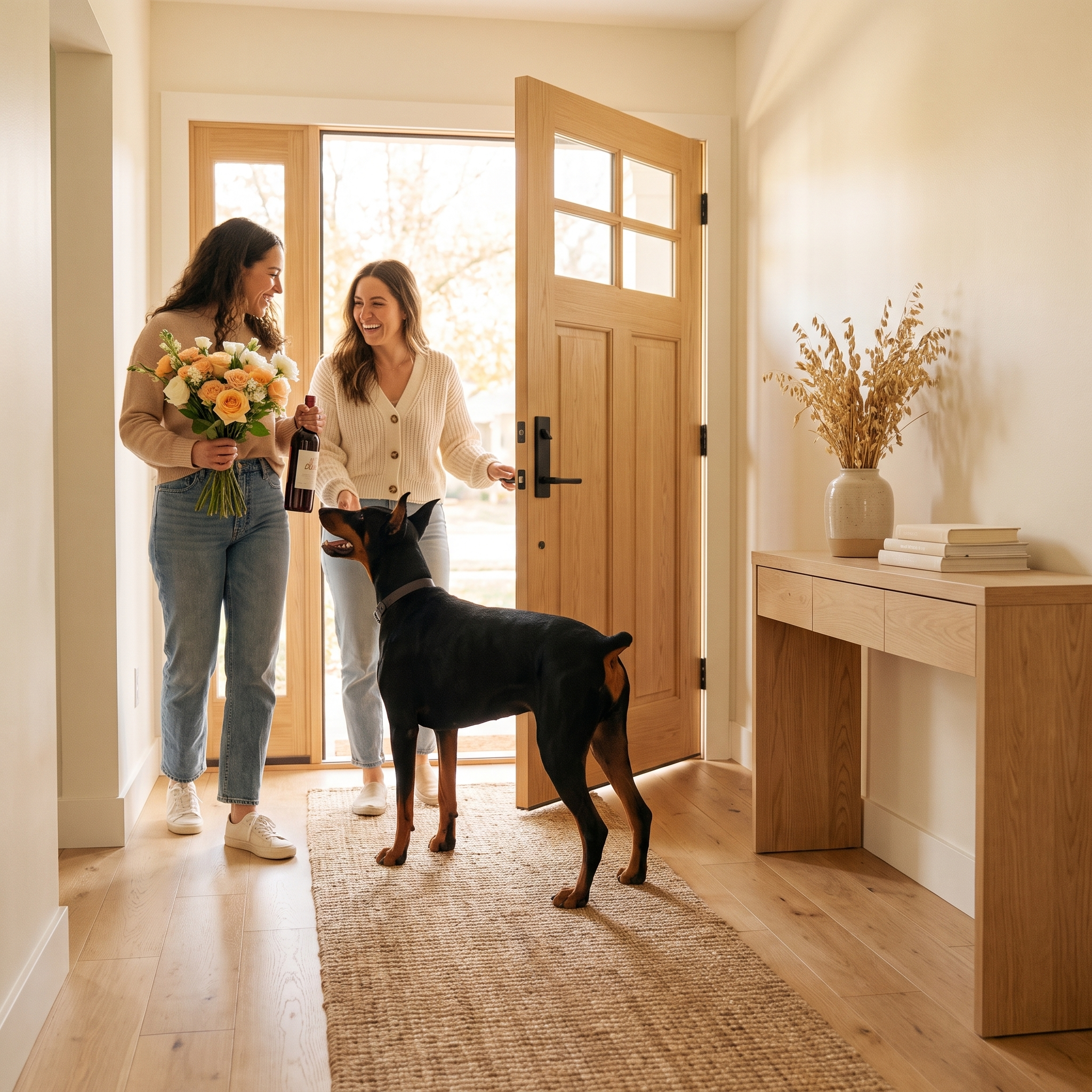 Guests greeted by a Doberman at the door