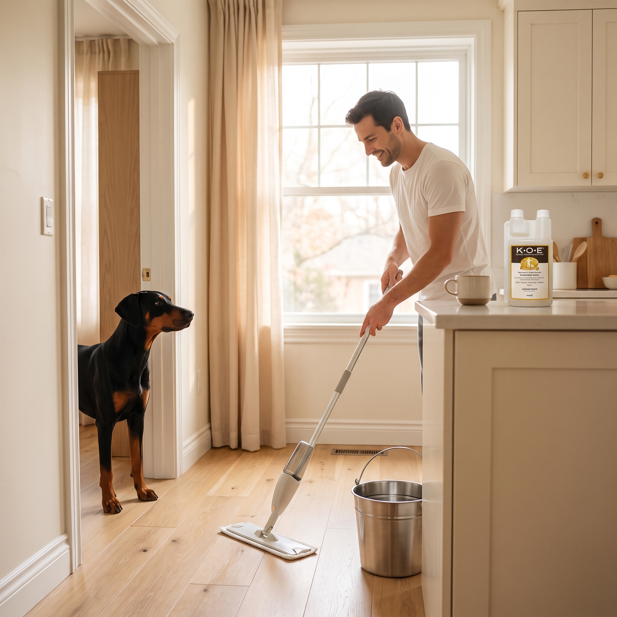 Mopping the floor while the Doberman watches